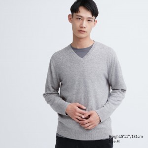 UNIQLO 100pct Cashmere V Neck Jumper Gray | 34ISTGKFE