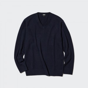 UNIQLO 100pct Cashmere V Neck Jumper Marineblå | 74WILATHC