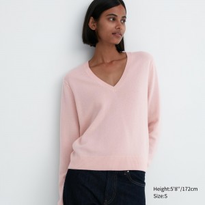 UNIQLO 100pct Cashmere V Neck Jumper Rosa | 59EQMBDPI