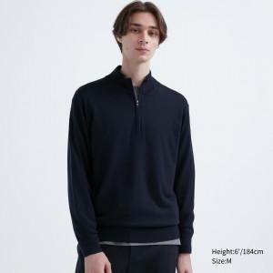 UNIQLO 100pct Extra Fine Merino Half Zipped Jumper Marineblå | 82HLDSVCU