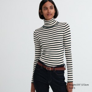 UNIQLO 100pct Extra Fine Merino Ribbed Striped Turtleneck Jumper Hvite | 32MFAJNQS