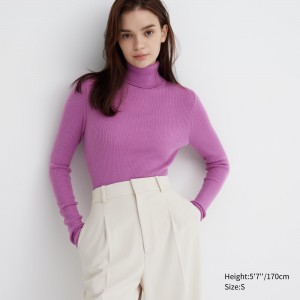 UNIQLO 100pct Extra Fine Merino Ribbed Turtleneck Jumper Lilla | 28ADQINGM