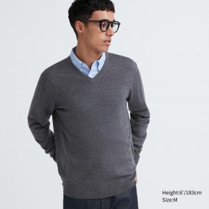 UNIQLO 100pct Extra Fine Merino V Neck Jumper Gray | 39IBWRMDL