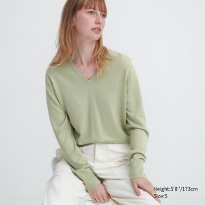 UNIQLO 100pct Extra Fine Merino V Neck Jumper Grønn | 70XBGACOQ