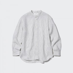 UNIQLO 100pct Premium Linen Striped Regular FiT-Shirt Grandad Collar Blå | 24XVPNHYJ