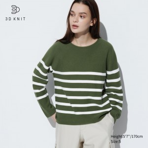 UNIQLO 3d Knit Seamless Cotton Striped Crew Neck Jumper Olivengrønne | 82KVXPJDH