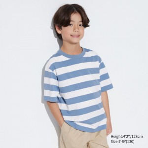 UNIQLO Airism Cotton Striped Crew Neck Short Sleeved T-Shirt Blå | 59FNPGAKI