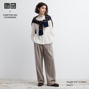 UNIQLO Brushed Jersey Pleated Wide Leg Trousers Long Beige | 60QUJERPL