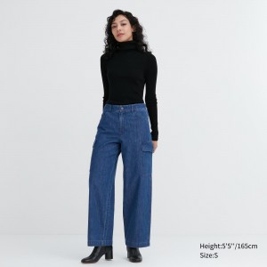 UNIQLO Denim Wide Leg Cargo Trousers Blå | 39LREWIYV