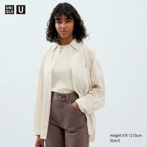 UNIQLO Drape Striped Long Sleeved Shirt Natural | 40LFMUYNW