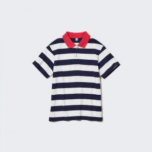 UNIQLO Dry Piqué Striped Short Sleeved Polo Shirt Marineblå | 97DKRFPVS