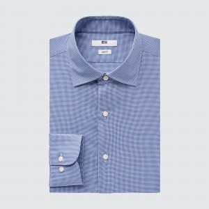 UNIQLO Easy Care Stretch Slim Fit Checked Shirt Semi Cutaway Collar Blå | 98BEPRXSI