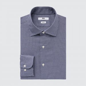 UNIQLO Easy Care Stretch Slim Fit Checked Shirt Semi Cutaway Collar Marineblå | 91HYMBXKZ