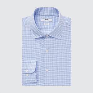 UNIQLO Easy Care Stretch Slim Fit Checked Shirt Semi Cutaway Collar Blå | 94IVFEDGB