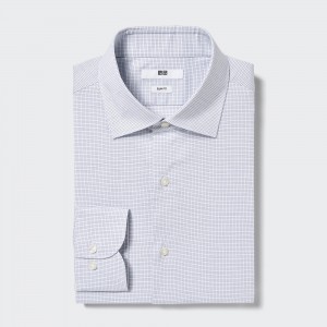 UNIQLO Easy Care Stretch Slim Fit Checked Shirt Semi Cutaway Collar Blå | 42FPGQABU