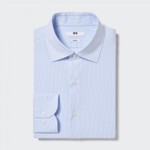 UNIQLO Easy Care Stretch Slim Fit Striped Shirt Semi Cutaway Collar Blå | 07GDTPLZQ