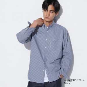 UNIQLO Extra Fine Cotton Broadcloth Regular Fit Checked Shirt Button Down Collar Blå | 49AUZFMIS