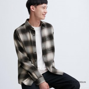 UNIQLO Flannel Checked Regular FiT-Shirt Regular Collar Svarte | 78TYPMNWA