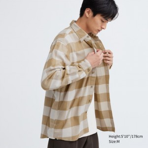 UNIQLO Flannel Checked Shirt Beige | 67HTGJUQK