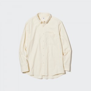 UNIQLO Flannel Regular FiT-Shirt Button Down Collar Hvite | 13VGEXHQN