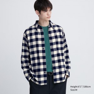 UNIQLO Flannel Regular Fit Checked Shirt Regular Collar Hvite | 83OEXSVWL