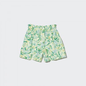 UNIQLO Girls Linen Blend Flower Print Easy Shorts Pisket Krem | 26DCHOJQZ