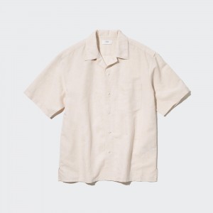 UNIQLO Linen Blend Short Sleeved Shirt Open Collar Natural | 64LRFVSWP