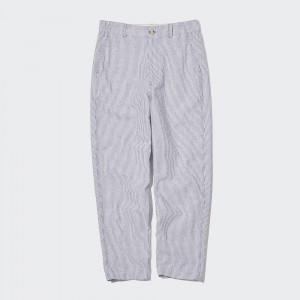 UNIQLO Linen Cotton Blend Striped Tapered Trousers Blå | 48PLNUFZD