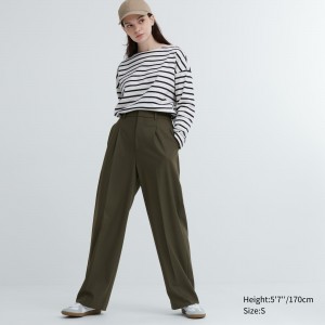 UNIQLO Pleated Wide Leg Trousers Olivengrønne | 98WPGMRUX