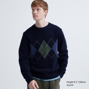 UNIQLO Premium Lambswool Argyle Crew Neck Jumper Marineblå | 32JPICOEF