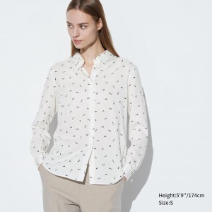 UNIQLO Rayon Printed Long Sleeved Blouse Hvite | 19XZQVPYD