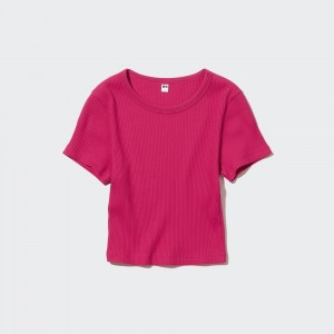 UNIQLO Ribbed Cropped Crew Neck T-Shirt Rosa | 03JYHZDFB