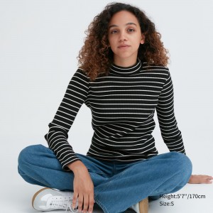 UNIQLO Ribbed Striped High Neck Long Sleeved T-Shirt Svarte | 19SWEQYLA