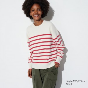 UNIQLO Smooth Cotton Relaxed Fit Striped Crew Neck Jumper Rød | 79GATIPYZ