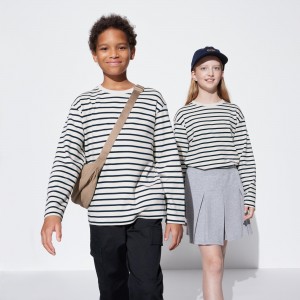 UNIQLO Soft Brushed Cotton Striped Crew Neck Long Sleeved T-Shirt Hvite | 72QYUSBHD