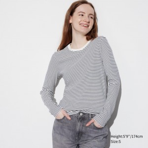 UNIQLO Soft Ribbed Fitted Striped Crew Neck Long Sleeved T-Shirt Hvite | 59CMKSVNW