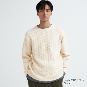 UNIQLO Soufflé Yarn Cable Knit Crew Neck Jumper Hvite | 39QXWLRGJ