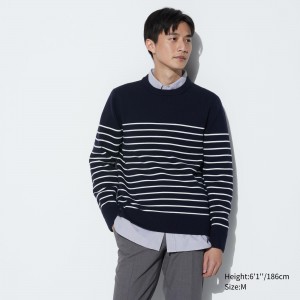 UNIQLO Washable Milano Ribbed Striped Crew Neck Jumper Marineblå | 56DPIWXUS