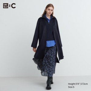 UNIQLO Wool Blend Wrap Coat Marineblå | 68OUZKEWR