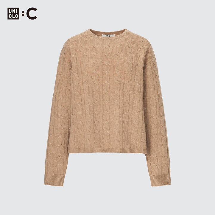 UNIQLO 100pct Cashmere Cable Knit Crew Neck Cropped Jumper Beige | 87XGFKDNM