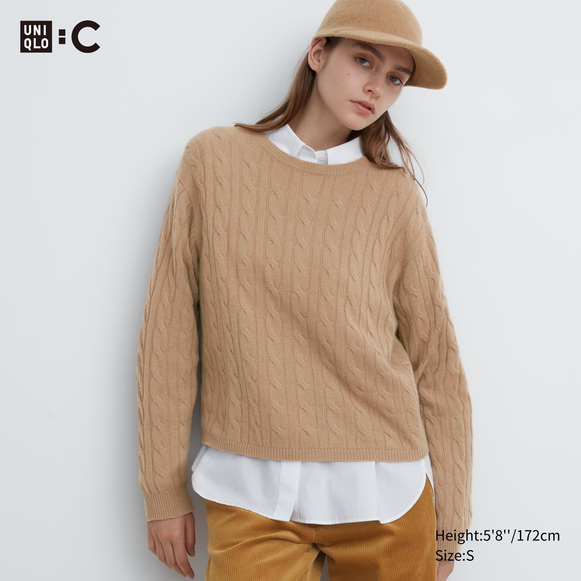 UNIQLO 100pct Cashmere Cable Knit Crew Neck Cropped Jumper Beige | 87XGFKDNM