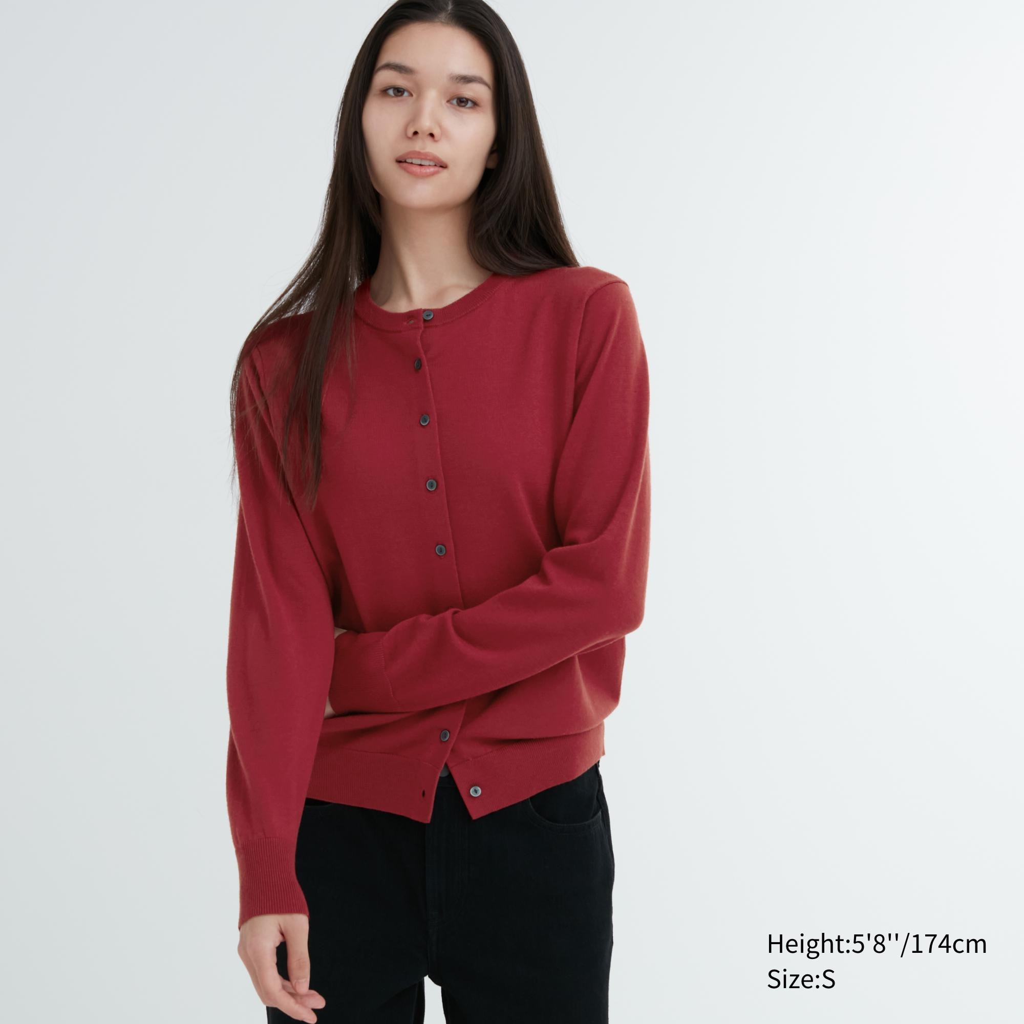 UNIQLO 100pct Extra Fine Merino Crew Neck Cardigan Rød | 95EPLRGVX