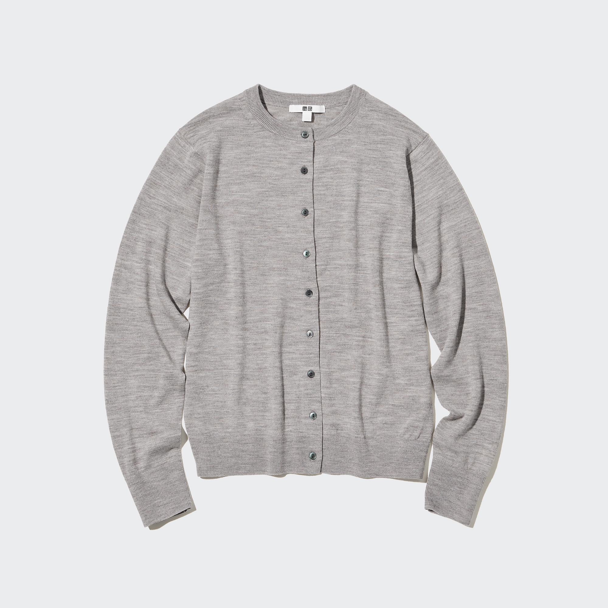 UNIQLO 100pct Extra Fine Merino Crew Neck Cardigan Gray | 34JDETZRS