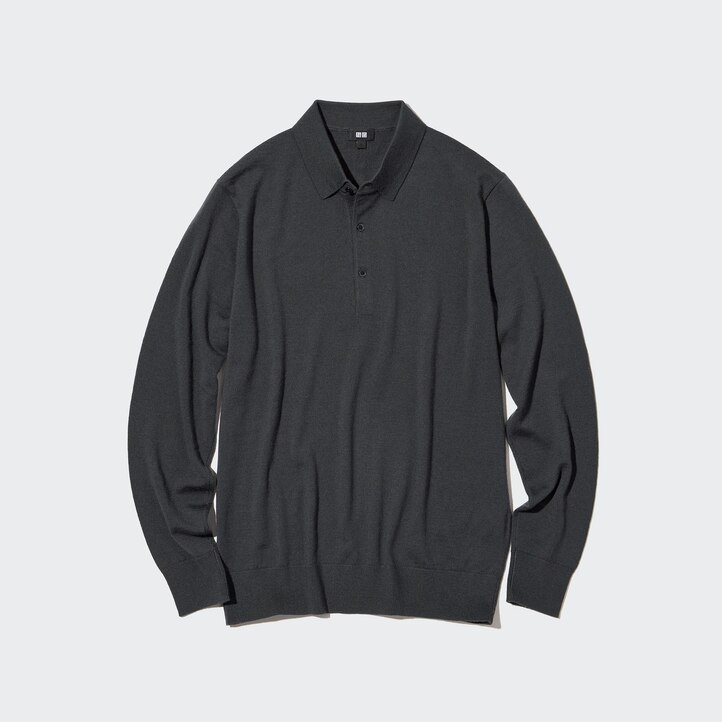 UNIQLO 100pct Extra Fine Merino Knit Long Sleeved Polo Shirt Svarte | 57RIZPCWF