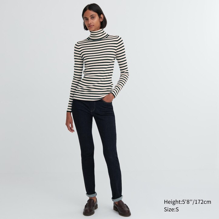 UNIQLO 100pct Extra Fine Merino Ribbed Striped Turtleneck Jumper Hvite | 32MFAJNQS