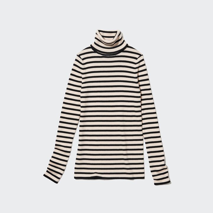 UNIQLO 100pct Extra Fine Merino Ribbed Striped Turtleneck Jumper Hvite | 32MFAJNQS