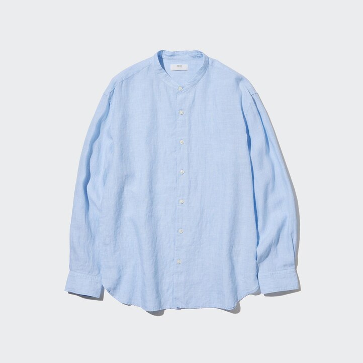 UNIQLO 100pct Premium Linen Regular FiT-Shirt Grandad Collar Blå | 64AMXNGEO