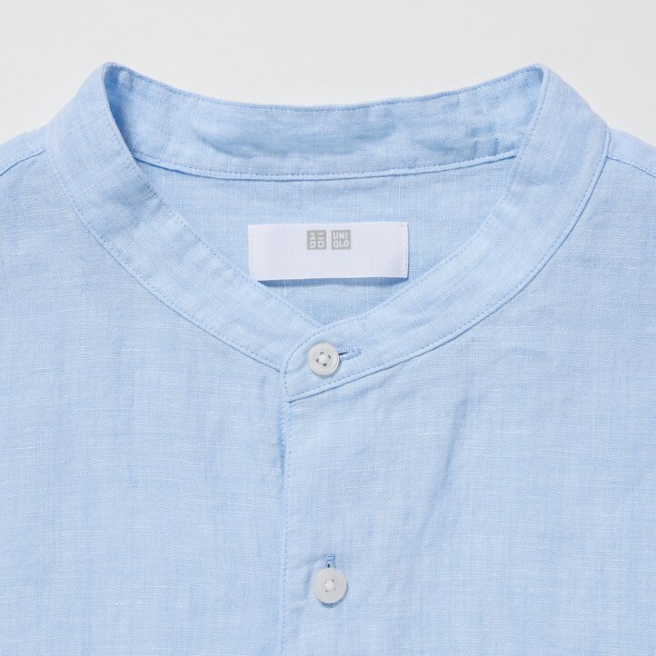 UNIQLO 100pct Premium Linen Regular FiT-Shirt Grandad Collar Blå | 64AMXNGEO