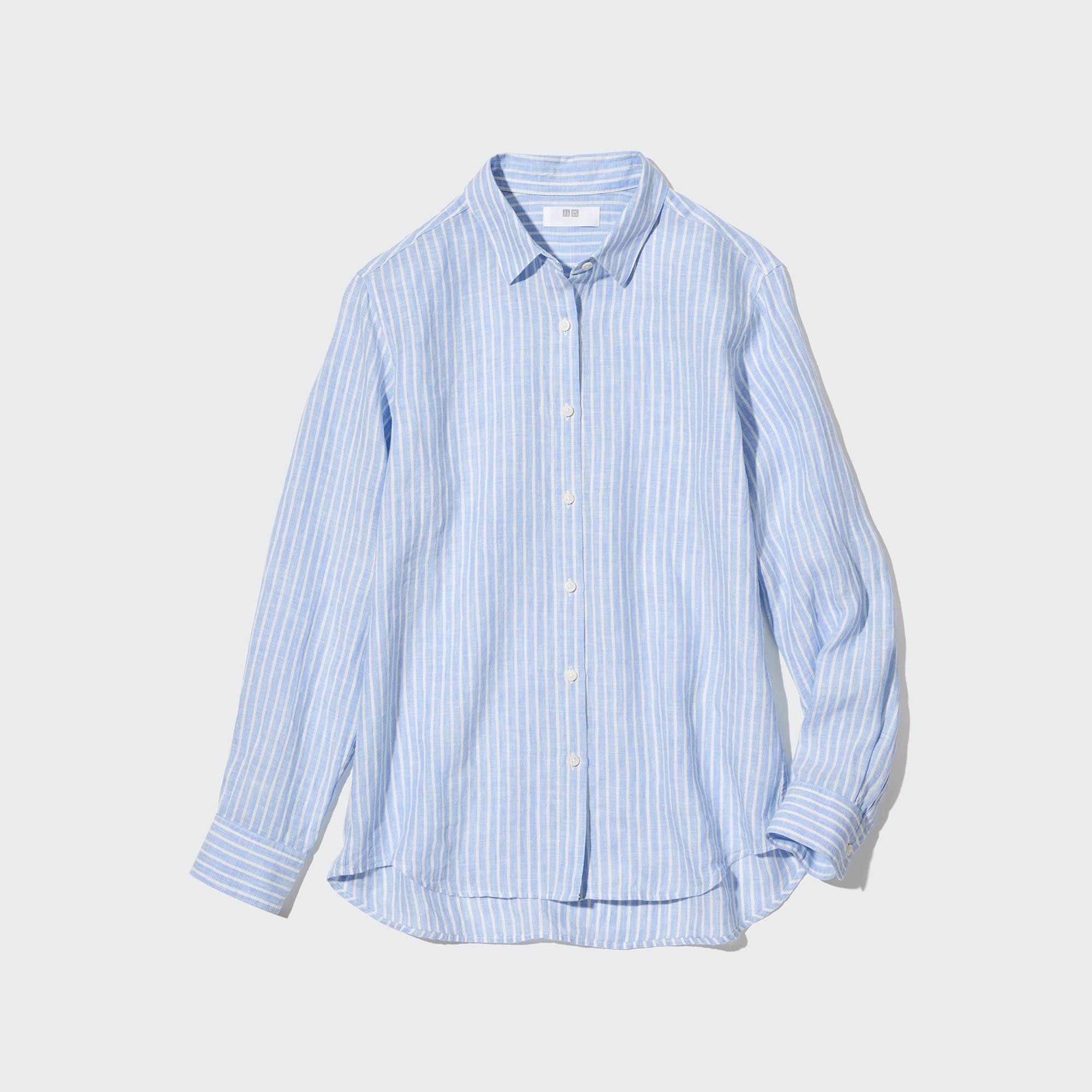 UNIQLO 100pct Premium Linen Striped Long Sleeved Shirt Lyse Blå | 15QZCWASD