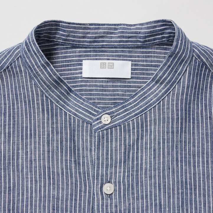 UNIQLO 100pct Premium Linen Striped Regular FiT-Shirt Grandad Collar Blå | 24XVPNHYJ